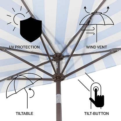 JONATHAN Y Half Umbrella UMB1201C Beverly 9 ft. Designer Classic Scalloped Fringe Market Patio with Crank, Push Button Tilt and UV Protection in Light Blue/White