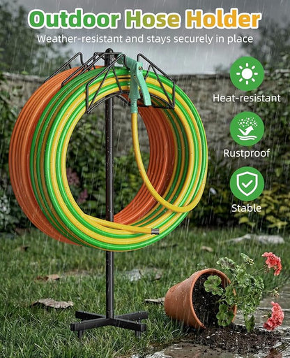 Garden Hose Holder, Double-Sided Water Hose Holder Stand Holds 2×160ft, Heavy Duty Freestanding Hose Storage Rack Hanging with Spikes, Metal Hanger for Outside Garden Yard Lawn Farm Gardening Tools