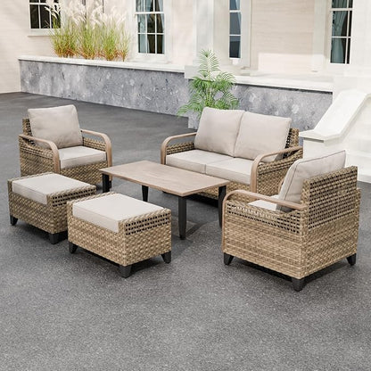 Modern Wicker Patio Furniture Set, Rattan Outdoor Conversation Set with Comfortable Cushions, 2 Patio Chairs, 2 Seat Loveseat, 2 Ottomans and Coffee Table, 6 Pieces, Brown/Gray