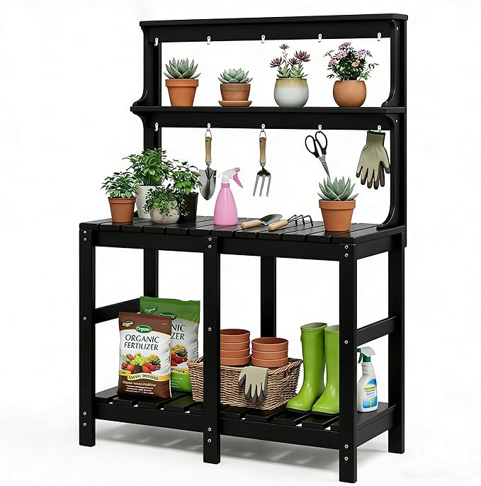 Outdoor Potting Bench with 3 Tier, All-Weather Patio Potting Table with Tool Hooks, HDPE Gardening Table for Backyard, Garden, Black