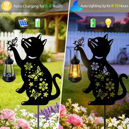 Cat Outdoor Solar Lantern Waterproof, Birthday Gifts for Christmas Women Mom, Solar Hanging Lights with Butterfly, Black Cat Metal Figurine Garden Decor Patio Yard Pathway Backyard Ornaments, 2 Pack