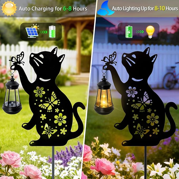 ANGMLN Cat Outdoor Solar Lantern Waterproof, Birthday Gifts for Christmas Women Mom, Solar Hanging Lights with Butterfly, Black Cat Metal Figurine Garden Decor Patio Yard Pathway Backyard Ornaments