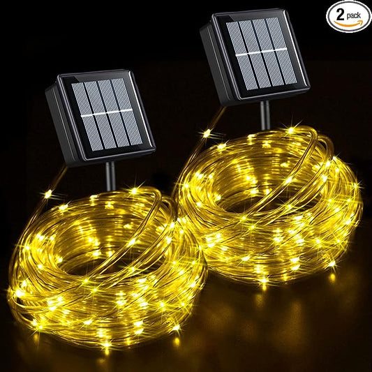 YEGUO Solar Christmas Lights Outdoor Waterproof, 2 Packs Each 33ft 100 LED Rope Lights, 8 Modes Fairy String Lights in Clear Thin Tube for Camping Fence Patio Garden Trampoline Deck(Warm White)