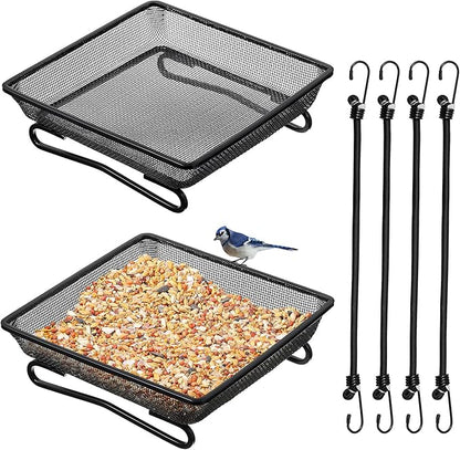 2 Pcs Deck Railing Bird Feeder Tray for Balcony 7 x 7 x 2 Inch Compact Platform Bird Seed Tray with 4 Fixed Elastic Rope Ground Mesh for Garden Backyard Outside Wild Birds or Squirrels