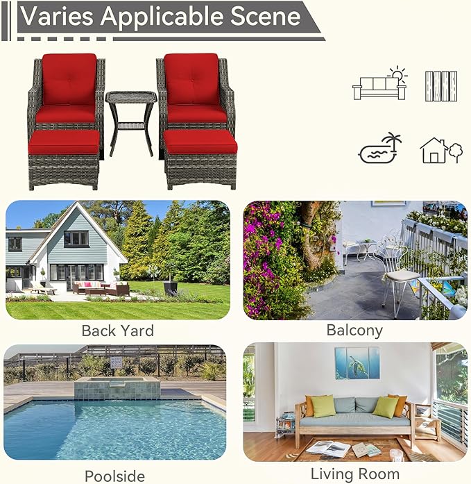 5 Piece Patio Furniture Wicker Conversation Set, 2 Chairs, 2 Ottomans with 1 Side Table, for Outdoors, Backyard, Deck, Red