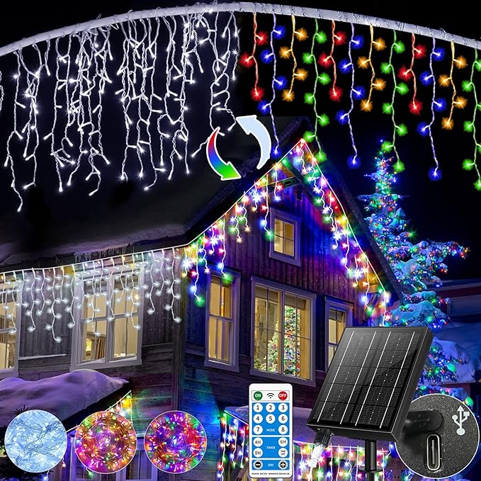 Solar Icicle Lights Outdoor Waterproof - 82Ft 660 LED Icicle Christmas Lights Outdoor with Remote, Cool White and Multi-Color 2in1, Color Changing Icicle String Lights for Wedding Balcony Eaves Decor