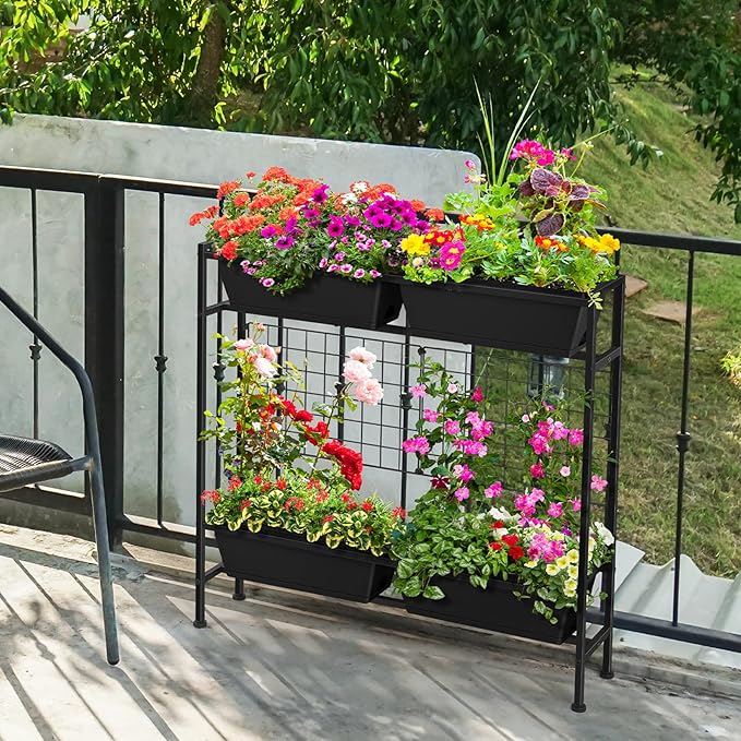 OYEAL Raised Garden Bed 32" Tall Elevated Planter Boxes with Trellis & Legs, Vertical Herb Garden Planter Outdoor for Gardening, Vegetables, Flowers, Herbs, Backyard, Black