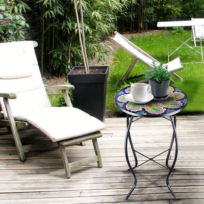 Arbuxzuy 2PCS 12 Inch Small Outdoor Side Table with Purple Flower, Glass Mosaic Patio Table Indoor, Round Plant Coffee Table for Living Room, Balcony, Garden