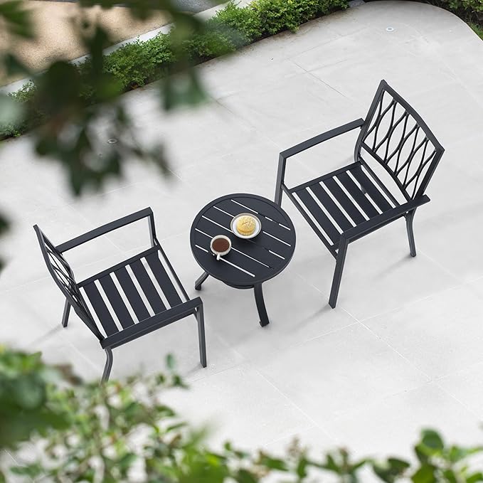 NUU GARDEN 3 Piece Outdoor Bistro Set Patio Set Bistro Table Set Rustproof Patio Table and Chairs with Umbrella Hole for Backyard, Balcony, Front Porch, Black