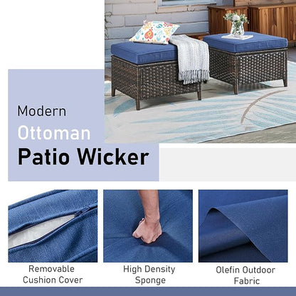 Wicker Outdoor Conversation Set-6 Pieces Outdoor Wicker High Back Couch with Swivel Rocker Chairs Patio Furniture for Deck Poolside Backyard-Brown/Blue