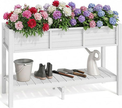 YITAHOME 48x18x30in Raised Garden Bed HDPE, Weather-Resistant Poly Lumber Planter Box with Legs & Storage Shelf, Elevated Garden Bed for Yard, Garden, Balcony - White