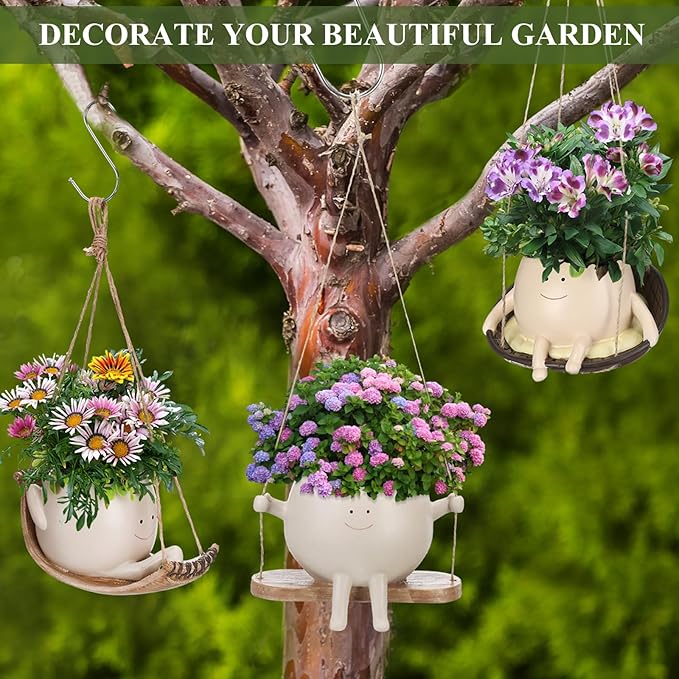 Nuogo 3 Pack Hanging Swing Chair Planter Pots Cute Wall Hanging Planter Pot Swing Face Pot with Drainage Holes Head Pots for Indoor Outdoor Plant Home Decor(Cute)