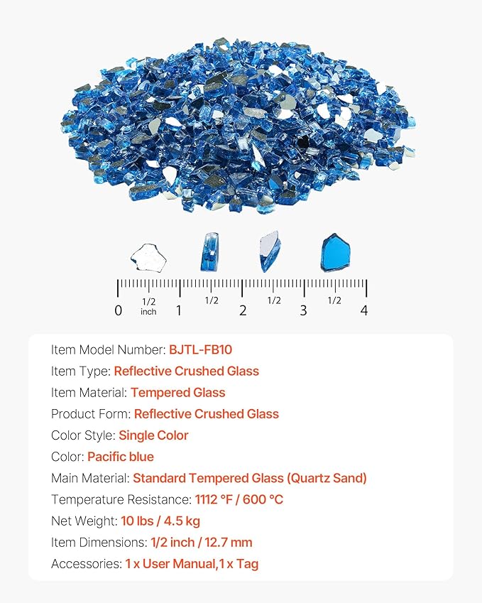 VEVOR Fire Glass, 10LBS / 4.5KG High-Temperature Resistant Fireplace Rocks, 1/2-Inch / 12.7 mm Reflective & Smokeless Firepit Glass Rock, High Luster Stone Landscaping for Fire Pit Table, Pacific Blue