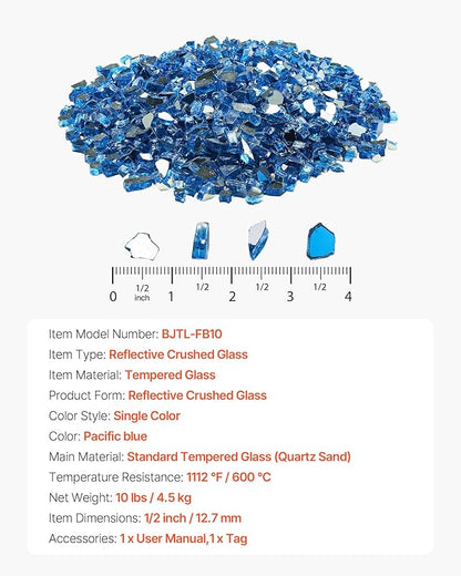 VEVOR Fire Glass, 10LBS / 4.5KG High-Temperature Resistant Fireplace Rocks, 1/2-Inch / 12.7 mm Reflective & Smokeless Firepit Glass Rock, High Luster Stone Landscaping for Fire Pit Table, Pacific Blue