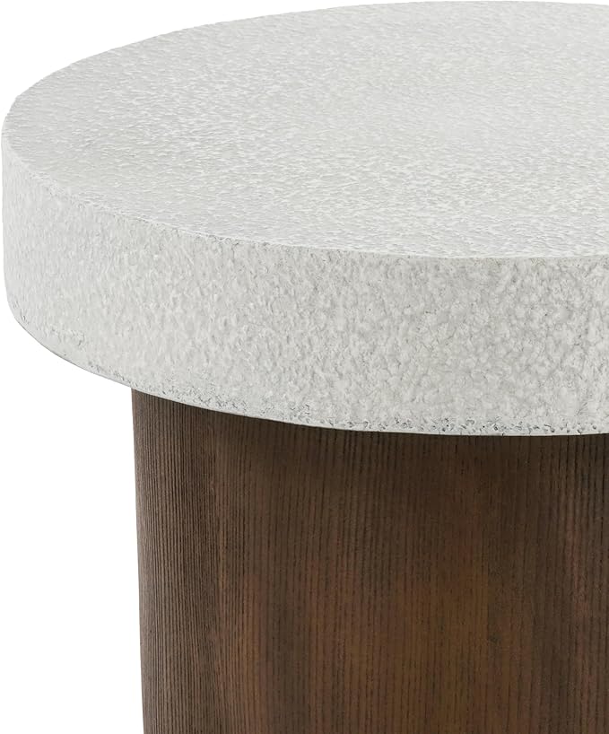 Christopher Knight Home Aurl Outdoor Round Side Table, Lightweight Concrete Patio End Table with Wooden Like Frame, Decorative Accent Table for Patio Garden Porch Balcony, Antique White+Natural