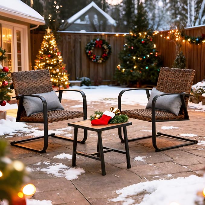 Naga Bahna 3-Piece Outdoor Wicker Patio Conversation Bistro Set, All-Weather Rattan Patio Furniture Set with Table & Pillows, Metal Frame Outdoor Sectional Sofa for Patio, Balcony, Backyard