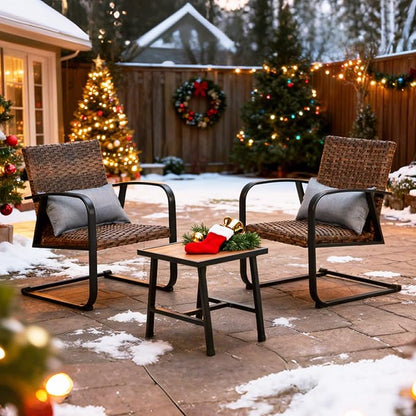 Naga Bahna 3-Piece Outdoor Wicker Patio Conversation Bistro Set, All-Weather Rattan Patio Furniture Set with Table & Pillows, Metal Frame Outdoor Sectional Sofa for Patio, Balcony, Backyard