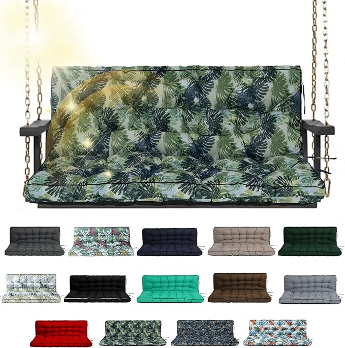 Porch Swing Cushion Three Seat, Waterproof Swing Cushions Replacement with Backrest, Outdoor Garden Furniture Patio 4" Thickened Cushions with Ties (Palm, 40 x 63in)