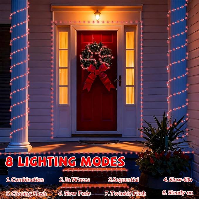 YEGUO Solar Christmas Lights Outdoor Waterproof, 2 Packs Each 33ft 100 LED Rope Lights, 8 Modes Fairy String Lights in Clear Thin Tube for Camping Fence Patio Garden Trampoline Deck(Red)