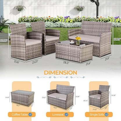 FHFO 4 Piece Outdoor Patio Furniture Sets, Wicker Sectional Conversation Sofa Set, Rattan Table and Chairs and Loveseat with Cushions for Outside Balcony Porch Backyard (Gray-Gray)