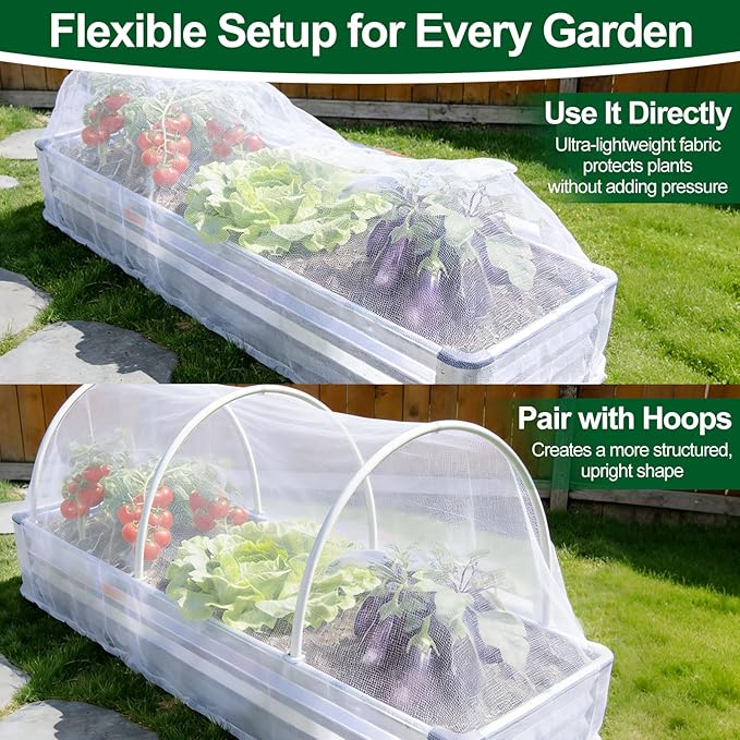 2 Pack Garden Netting for 4x2x1ft Raised Beds, Ultra-Fine Mesh Plant Covers with Drawstring, Bird, Pest & Small Animal Barrier for Vegetables, Fruits & Flowers
