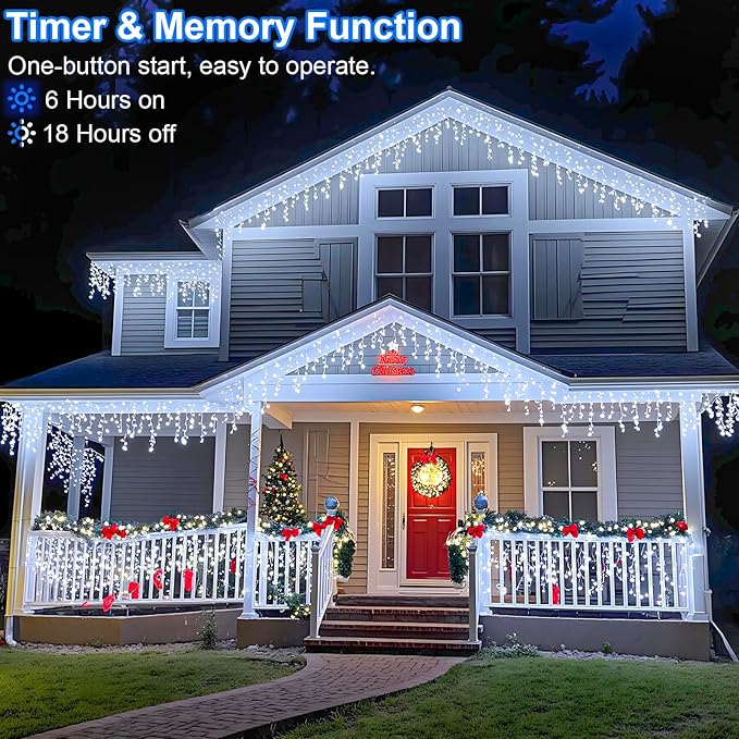 99ft 1216 LED Icicle Christmas Lights Outdoor - 8 Modes Icicle Lights with 228 Drops, Waterproof Plug in Fairy Curtain Light with Timer Memory for Party Holiday Wedding Decorations, Cool White