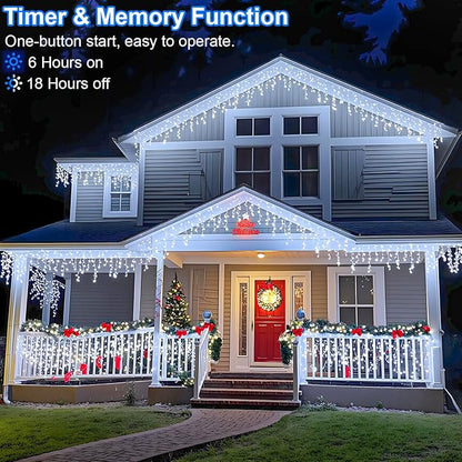 99ft 1216 LED Icicle Christmas Lights Outdoor - 8 Modes Icicle Lights with 228 Drops, Waterproof Plug in Fairy Curtain Light with Timer Memory for Party Holiday Wedding Decorations, Cool White