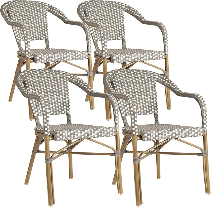 PURPLE LEAF Outdoor Dining Chair Set of 4 Aluminum Rattan Armchair for Garden Kitchen Backyard Porch Bamboo Print Finish Patio Chairs Grey French Bistro Chairs