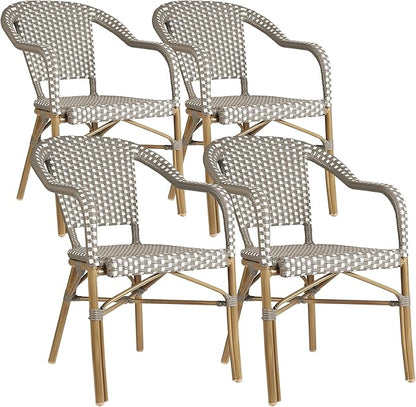 PURPLE LEAF Outdoor Dining Chair Set of 4 Aluminum Rattan Armchair for Garden Kitchen Backyard Porch Bamboo Print Finish Patio Chairs Grey French Bistro Chairs