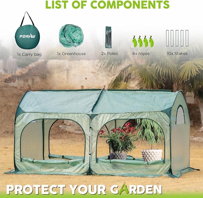 Pop up Greenhouse Tent Cover Tunnel Plant House,Large Gardening Flower Sunshine Room with Mesh Windows,Backyard PE Cover for Cold Frost Protector with Stakes and Rope Guys (Large Size)
