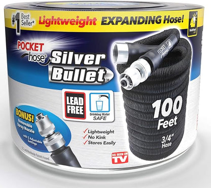 Pocket Hose Silver Bullet 100 ft Turbo Shot Nozzle Multiple Spray Patterns Expandable Garden Hose 3/4 in Solid Aluminum Fittings Lead-Free Lightweight and No-Kink, Black