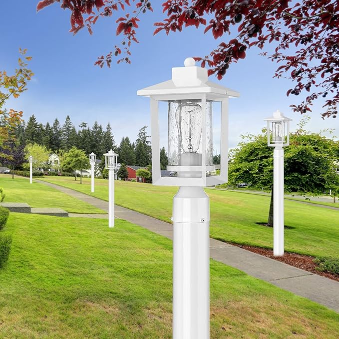 Outdoor Post Lights, Exterior Post Lantern, Outdoor Post Lamp, Pathway Post Lighting Fixture with Seeded Glass, Pillar Light in White Finish, Van-P WH