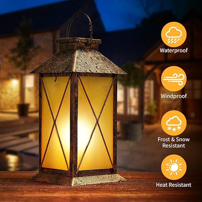 2 Pack Solar Lantern with Flickering Flame Candle, 13" Outdoor Waterproof Solar Lanterns Garden Decorative, Glass Hanging Lantern Metal for Outdoor Patio Yard Tabletop Decoration Mothers Day Gifts Mom
