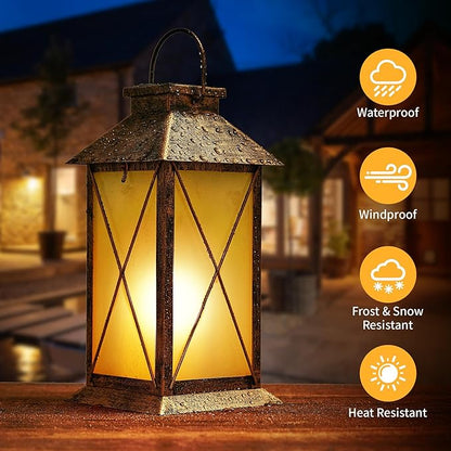 2 Pack Solar Lantern with Flickering Flame Candle, 13" Outdoor Waterproof Solar Lanterns Garden Decorative, Glass Hanging Lantern Metal for Outdoor Patio Yard Tabletop Decoration Mothers Day Gifts Mom