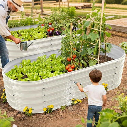 YSEJOMP 17" Tall Outdoor Garden Raised Garden Bed Kits, 5ft X 2ft Oval,0.8MM Thick Metal Raised Planter Bed/Ground Planter Box for Variety of Flowers,Herbs,Vegetables (Cream White, 60X24X16.5 Inches)