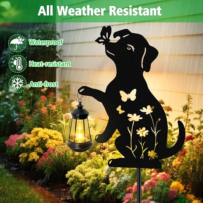 Solar Lights Outdoor, 2 Pack Metal Dog Solar Lights, Christmas Birthday Gifts for Women Mom Mother's Day, Waterproof Metal Hanging Lantern Stakes Garden Decor Outside Patio Yard Pathway Backyard,Lawn