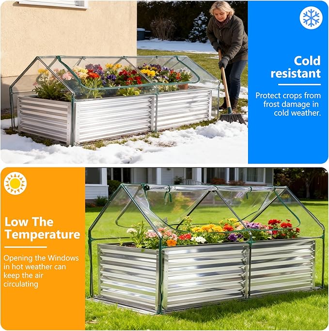NEWBULIG 6x3x2ft Galvanized Raised Garden Bed with Greenhouse Cover, Outdoor Metal Planters Box for Planting Vegetables, Flowers & Herbs, Easy Assembly, Clear