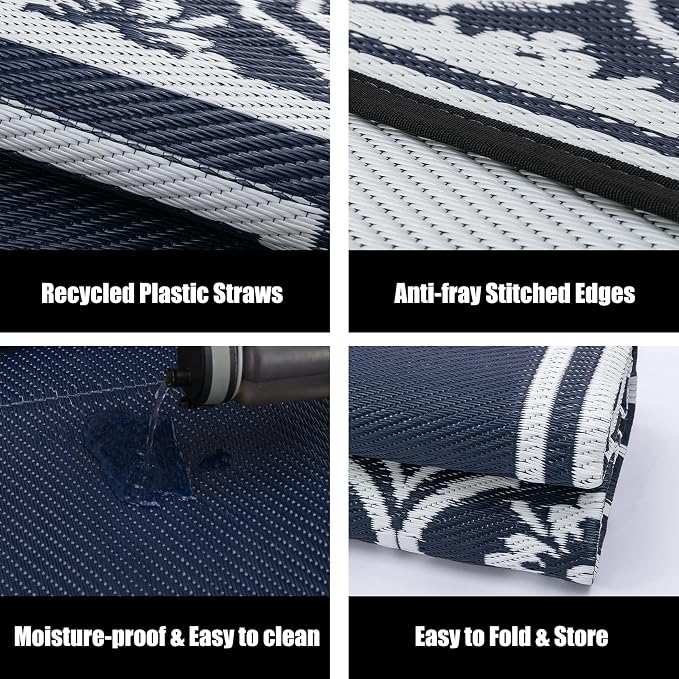HUGEAR Plastic Outdoor Rug 6'x9' Waterproof Camping Carpet Outside Reversible Area Rug Blue Rugs for RV Deck Entryance Porch Picnic Balcony Beach