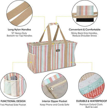 BALEINE Extra Large Utility Tote Bag with Reinforced Wire Frame, Reusable Grocery Bag for Shopping, Picnic (Color Stripe, 22''x12''x10'')
