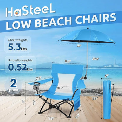 HaSteeL Low Beach Chair Set of 2, Foldable Blue Camping Chair with Adjustable Umbrella Set for Adults, Lightweight Portable Lawn Chairs for Fishing, Picnic, Outdoor BBQ, Travel, Sports