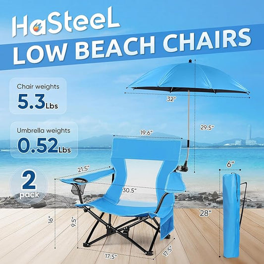 HaSteeL Low Beach Chair Set of 2, Foldable Blue Camping Chair with Adjustable Umbrella Set for Adults, Lightweight Portable Lawn Chairs for Fishing, Picnic, Outdoor BBQ, Travel, Sports