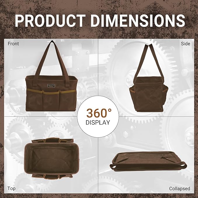 13.5-Inch Foldable Open Top Waxed Canvas Tool Bag, Multi-Purpose Wrench Tool Pouch with Handle, Durable and Water Resistant(Grey)