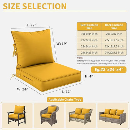 Premium Outdoor Seat Cushion Chair Cushions for Patio Furniture 22 L X 24 W X 4 H Waterproof & Fade Resistant Deep Seat and Backrest Cushion Set with Removable Covers for Chair, Sofa