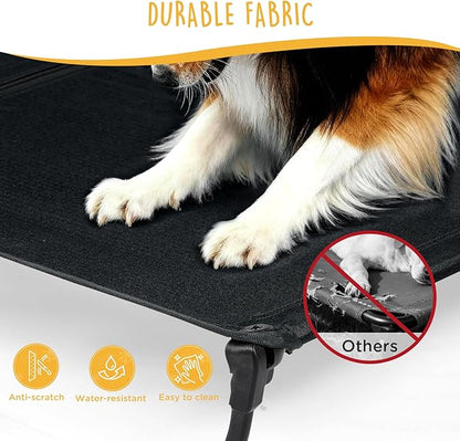 CANINE CANYON Folding Raised Dog Cot, Large Outdoor Elevated Dog Bed, Cooling Chew Proof Pet Cots Bed, Portable, Heavy Duty Up to 160 lbs, Pet Cot for Camping, Home, Black, 43"x27"x7"