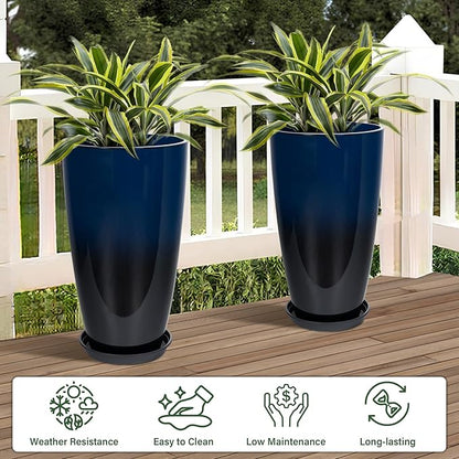 Neoaider Set of 2 Lightweight Ceramic-Look Tall Planter, 21 inch Large Plastic Planter with Drain Hole & Saucers, Large Outdoor Planters for Porch, Garden, Patio, Balcony(Dark Blue)