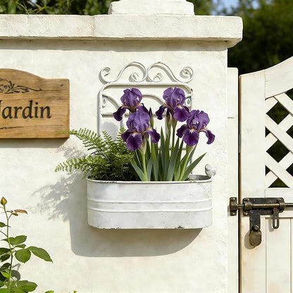 Rustic Metal Wall Planter Country Garden Wall Hanging Mount Vase Pocket Outdoor Vintage Hanging Pot Farmhouse Wall Decor for Plants Flowers (White)