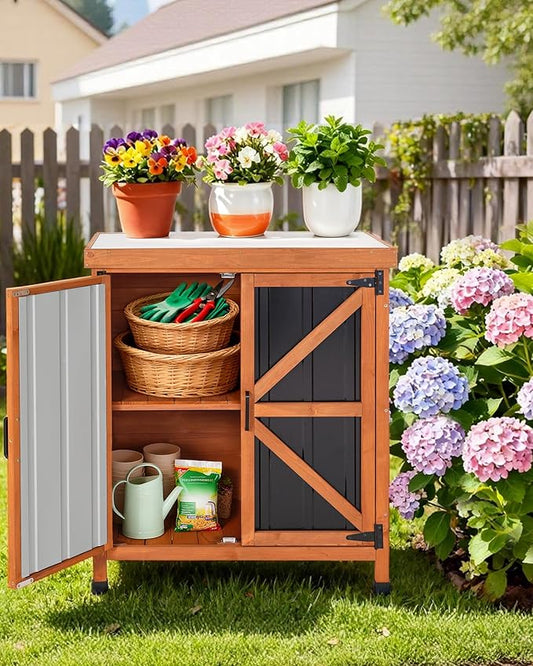 Black Metal Outdoor Storage Cabinet with X-Design Doors & Wood Frame, Metal Top Potting Bench Weatherproof for Patio, Garden & Backyard, 31.5"x 17.7"x 35.4"Tool Outdoor Shed