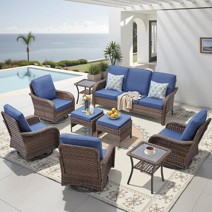 Patio Wicker Chairs Swivel Rocker Outdoor Rocking Chairs Set of 9 Rattan Furniture Set with Thick Cushion, Sofa, Side Table, Ottomans for Balcony Deck Backyard, Blue