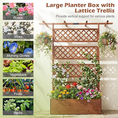 Giantex Raised Garden Bed with Trellis, 72'' Wooden Planter Box Outdoor w/Privacy Screen Roof, Large Vertical Garden Planter w/Drainage Holes for Climbing Plants, Patio Balcony Backyard