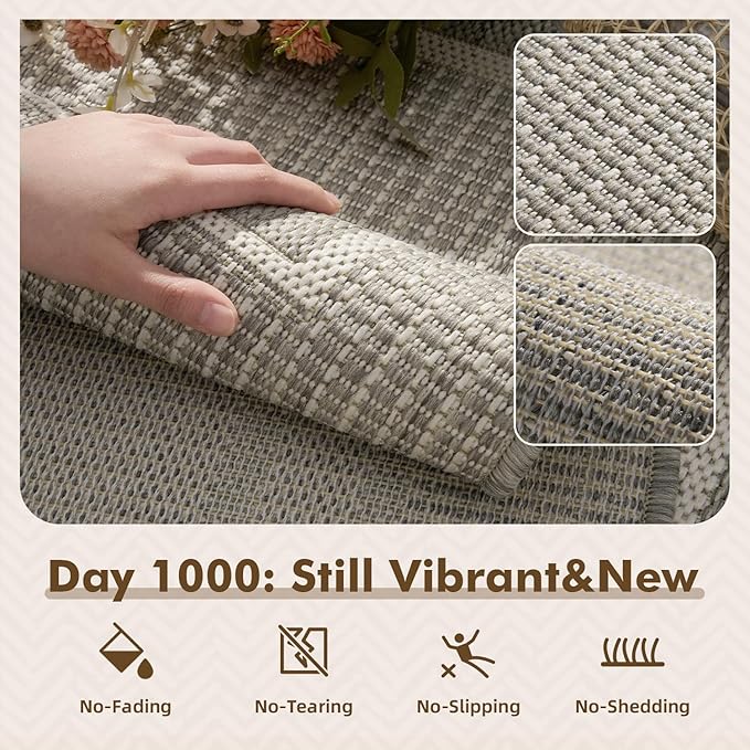 MontVoo-Outdoor Rug-Patio Rug 5x7 ft Polypropylene Indoor Outdoor Rugs Outdoor Carpet for Patio Deck Balcony Porch, Textured Weave, Durable for High Traffic, Fade-Resistant, Modern Silver Grey